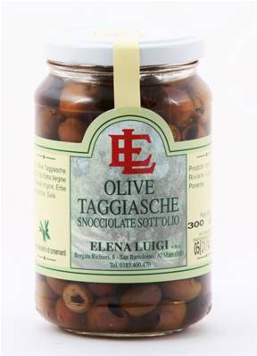 Taggiasche, petites olives brun-noir dénoyautées à huile d'olive extra vierge